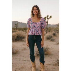 BANJANAN Tie Front Delph Bird Pomegranate Floral Vine Top Poplin Boho Medium